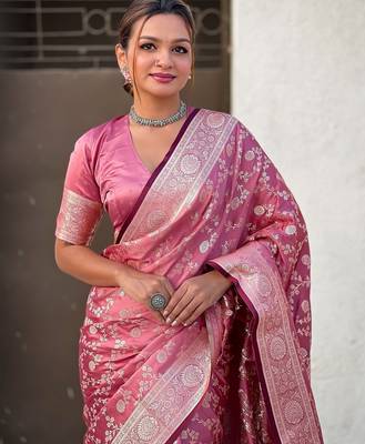 Pink woven self design antique silk blend banarasi saree with blouse 2