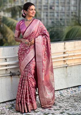 Pink woven self design antique silk blend banarasi saree with blouse 3