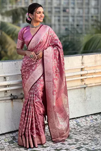 Pink woven self design antique silk banarasi saree with blouse
