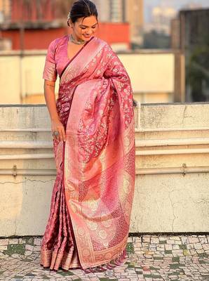 Pink woven self design antique silk blend banarasi saree with blouse 4