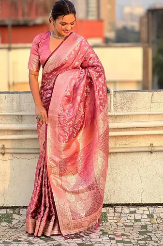 Pink woven self design antique silk banarasi saree with blouse
