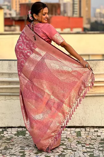 Pink woven self design antique silk banarasi saree with blouse