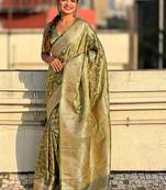 Pista green woven self design antique silk banarasi saree with blouse