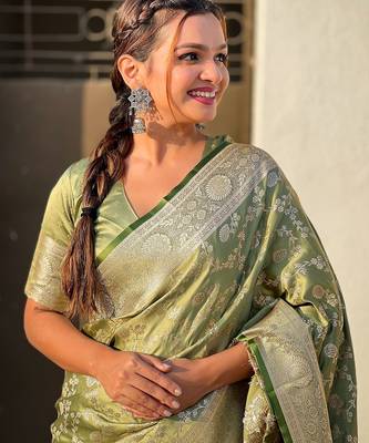 Pista green woven self design antique silk blend banarasi saree with blouse 2