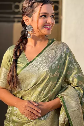 Pista green woven self design antique silk banarasi saree with blouse