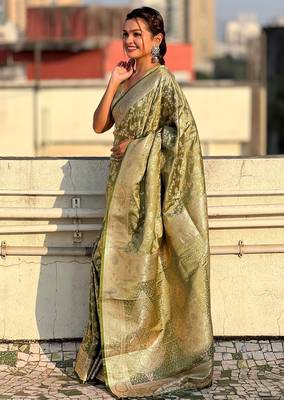 Pista green woven self design antique silk blend banarasi saree with blouse 3