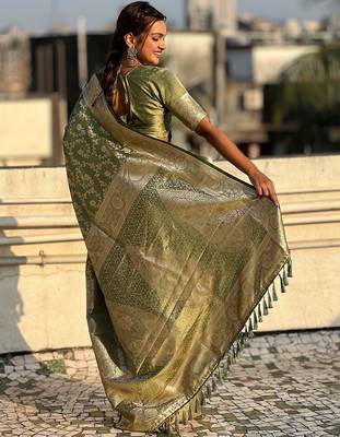 Pista green woven self design antique silk blend banarasi saree with blouse 4