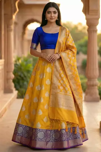 Pure Silk Unstitched Banarasi Lehanga Set in Multi Colour with Blouse