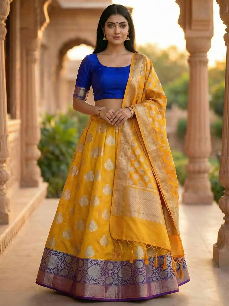 Pure Silk Unstitched Banarasi Lehanga Set in Multi Colour with Blouse