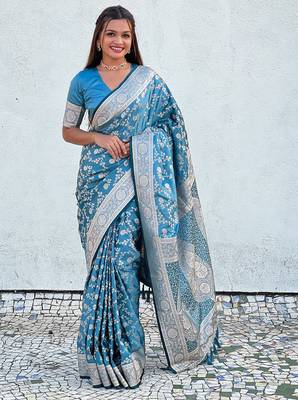Sky blue woven self design antique silk blend banarasi saree with blouse 1