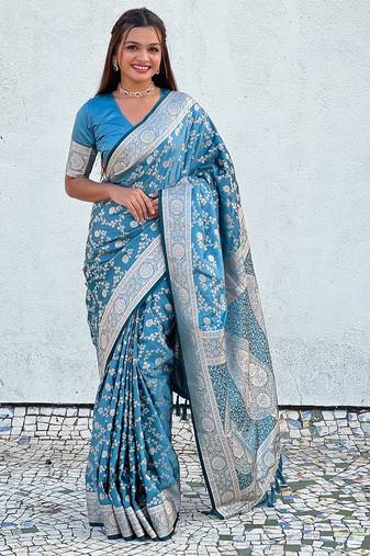 Sky blue woven self design antique silk banarasi saree with blouse