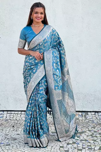 Sky blue woven self design antique silk banarasi saree with blouse