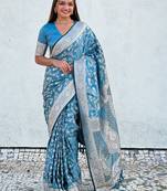 Sky blue woven self design antique silk banarasi saree with blouse