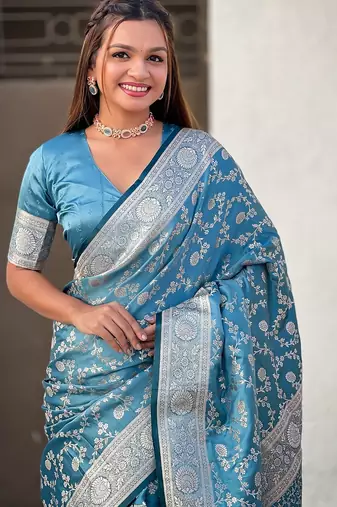 Sky blue woven self design antique silk banarasi saree with blouse