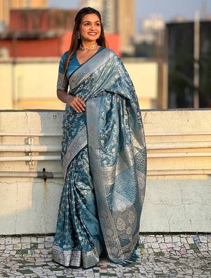 Sky blue woven self design antique silk blend banarasi saree with blouse 3