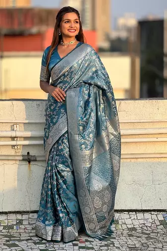 Sky blue woven self design antique silk banarasi saree with blouse
