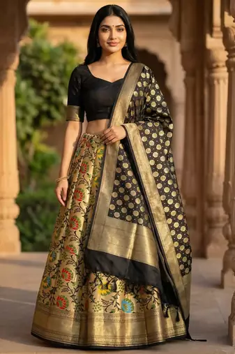 Pure Silk Unstitched Banarasi Lehanga Set in Black Colour with Blouse