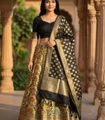 Pure Silk Unstitched Banarasi Lehanga Set in Black Colour with Blouse