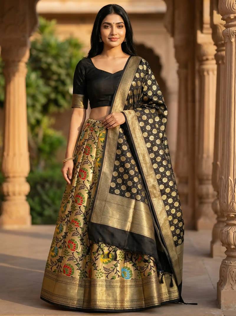 Pure Silk Unstitched Banarasi Lehanga Set in Black Colour with Blouse