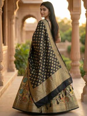 Pure Silk Unstitched Banarasi Lehanga Set in Black Colour with Blouse 2