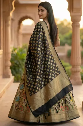 Pure Silk Unstitched Banarasi Lehanga Set in Black Colour with Blouse