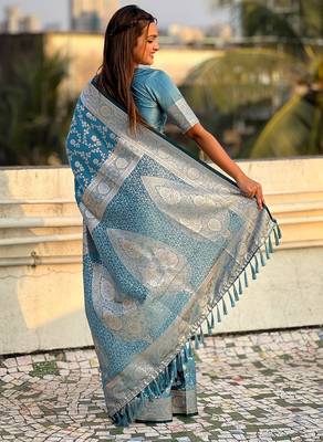 Sky blue woven self design antique silk blend banarasi saree with blouse 4