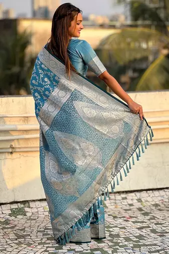 Sky blue woven self design antique silk banarasi saree with blouse