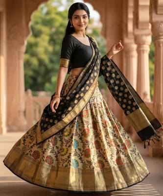 Pure Silk Unstitched Banarasi Lehanga Set in Black Colour with Blouse 3