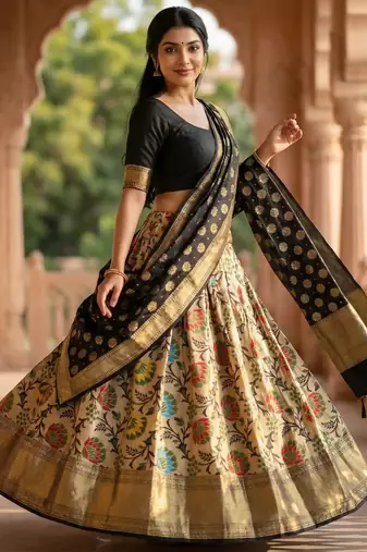 Pure Silk Unstitched Banarasi Lehanga Set in Black Colour with Blouse