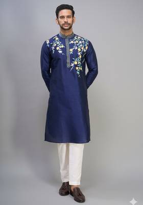 men’s navy silk kurta set with multicolor floral work 2