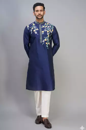 men’s navy silk kurta set with multicolor floral work