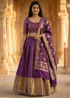 Pure Munga Silk Unstitched Banarasi Lehanga Set in Purple Colour with Blouse 1