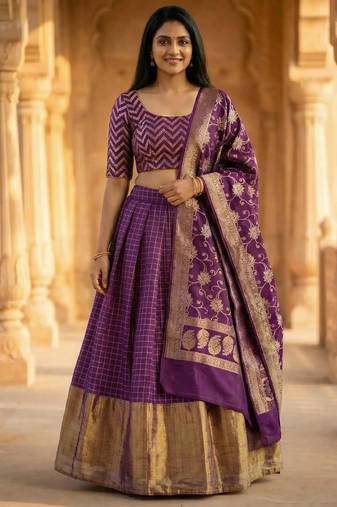 Pure Munga Silk Unstitched Banarasi Lehanga Set in Purple Colour with Blouse