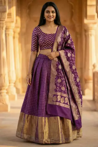 Pure Munga Silk Unstitched Banarasi Lehanga Set in Purple Colour with Blouse