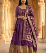 Pure Munga Silk Unstitched Banarasi Lehanga Set in Purple Colour with Blouse