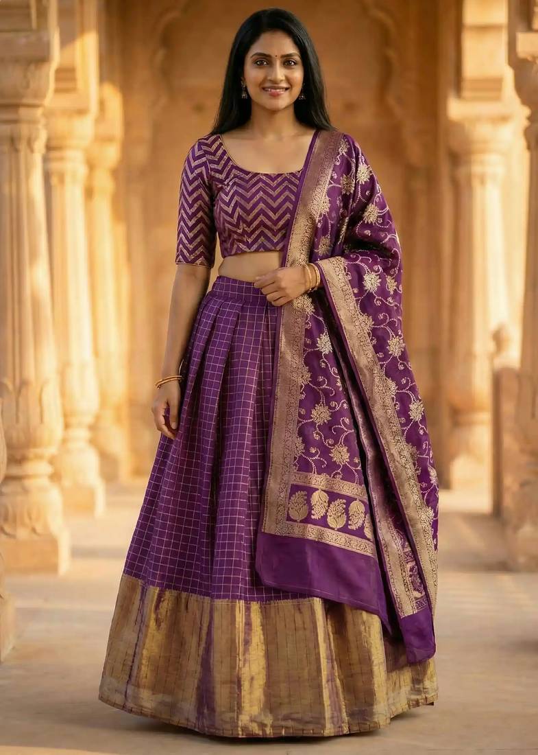 Pure Munga Silk Unstitched Banarasi Lehanga Set in Purple Colour with Blouse