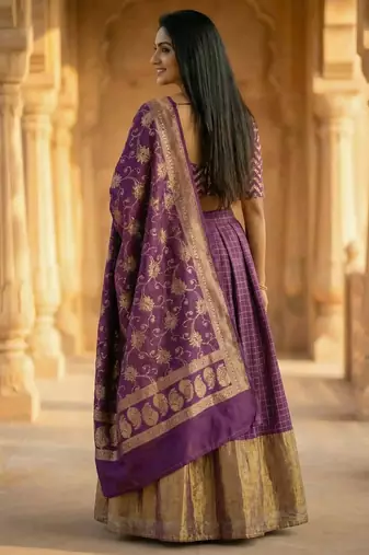 Pure Munga Silk Unstitched Banarasi Lehanga Set in Purple Colour with Blouse