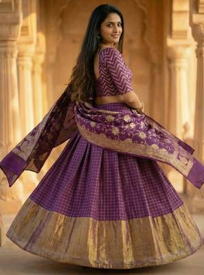 Pure Munga Silk Unstitched Banarasi Lehanga Set in Purple Colour with Blouse 3