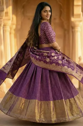 Pure Munga Silk Unstitched Banarasi Lehanga Set in Purple Colour with Blouse