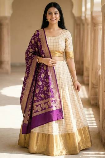 Pure Munga Silk Unstitched Banarasi Lehanga Set in Cream Colour with Blouse