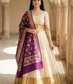 Pure Munga Silk Unstitched Banarasi Lehanga Set in Cream Colour with Blouse