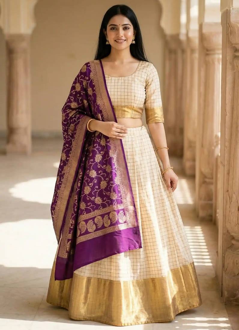 Pure Munga Silk Unstitched Banarasi Lehanga Set in Cream Colour with Blouse