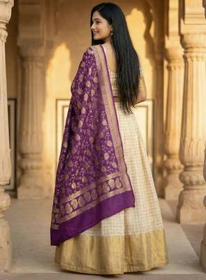 Pure Munga Silk Unstitched Banarasi Lehanga Set in Cream Colour with Blouse 2