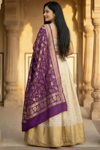 Pure Munga Silk Unstitched Banarasi Lehanga Set in Cream Colour with Blouse