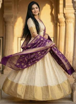 Pure Munga Silk Unstitched Banarasi Lehanga Set in Cream Colour with Blouse 3