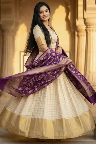 Pure Munga Silk Unstitched Banarasi Lehanga Set in Cream Colour with Blouse