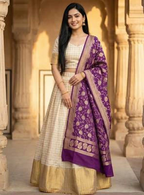 Pure Munga Silk Unstitched Banarasi Lehanga Set in Cream Colour with Blouse 4