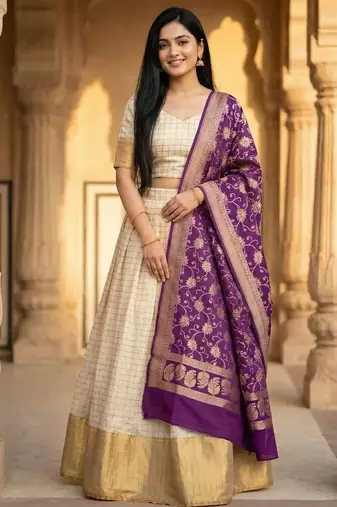 Pure Munga Silk Unstitched Banarasi Lehanga Set in Cream Colour with Blouse