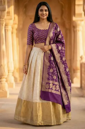 Pure Munga Silk Unstitched Banarasi Lehanga Set in Multicolour with Blouse