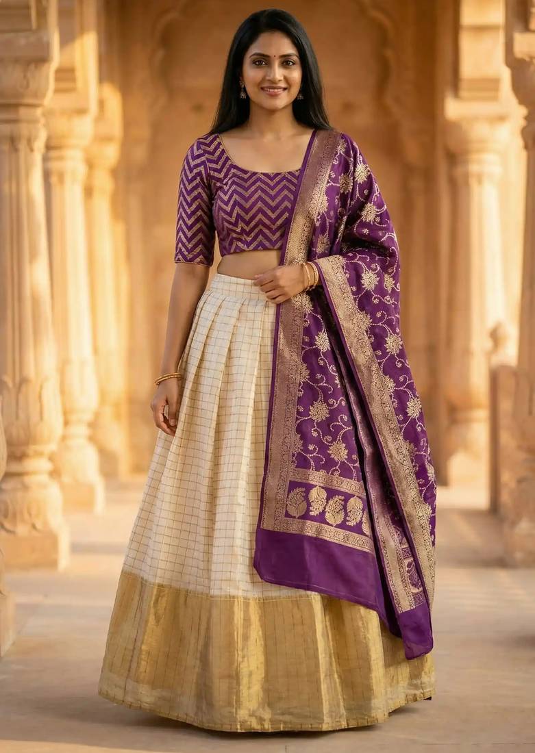 Pure Munga Silk Unstitched Banarasi Lehanga Set in Multicolour with Blouse